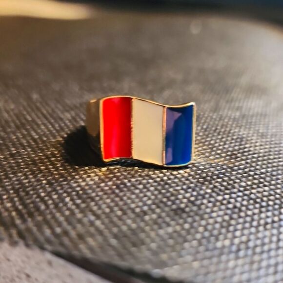 Jewelry - Gold Toned Ring with Red, White, and Blue Enamel....size 8